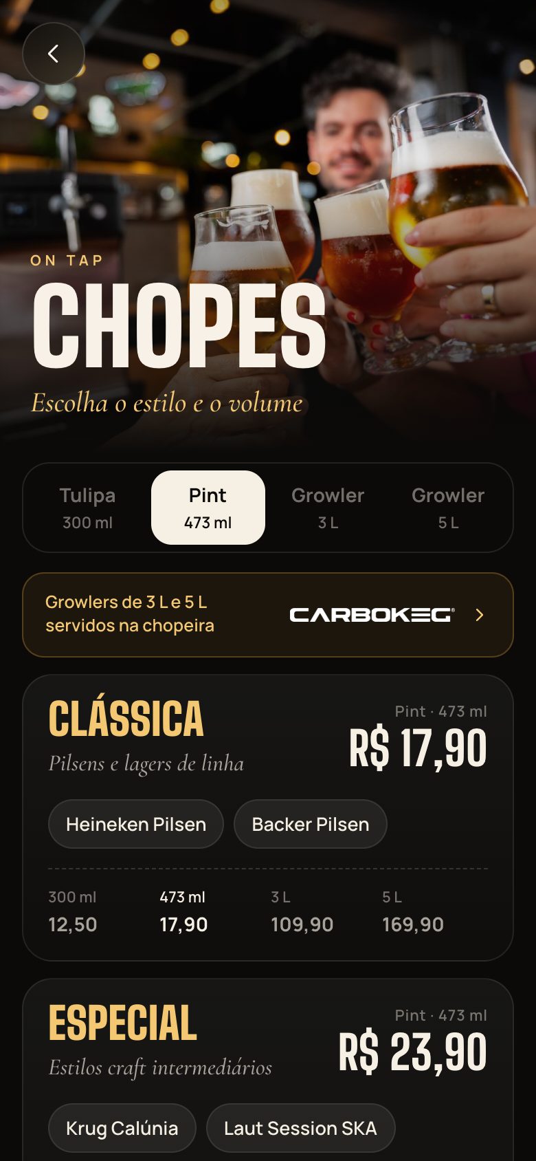 Carta de chopes com preço por volume