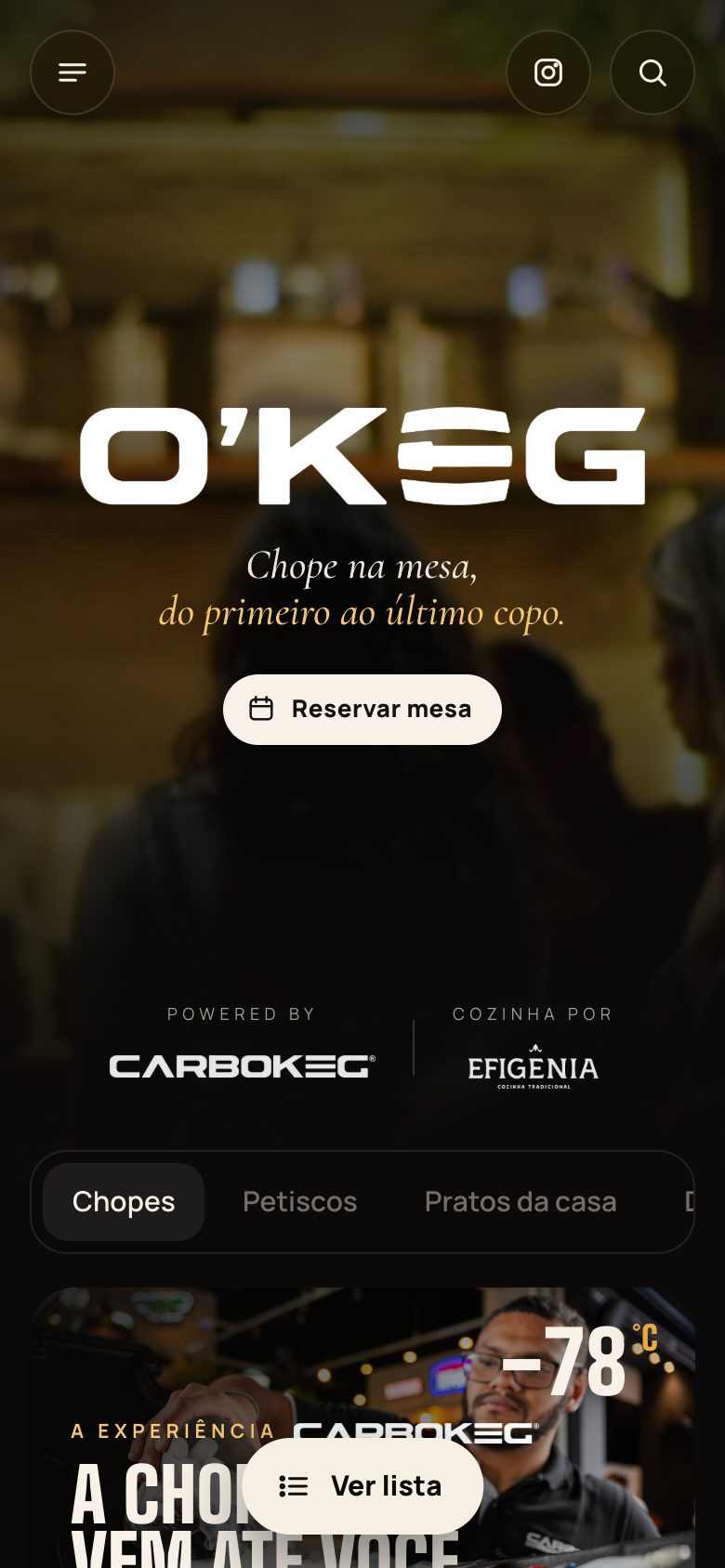 Capa do cardápio digital do O’KEG