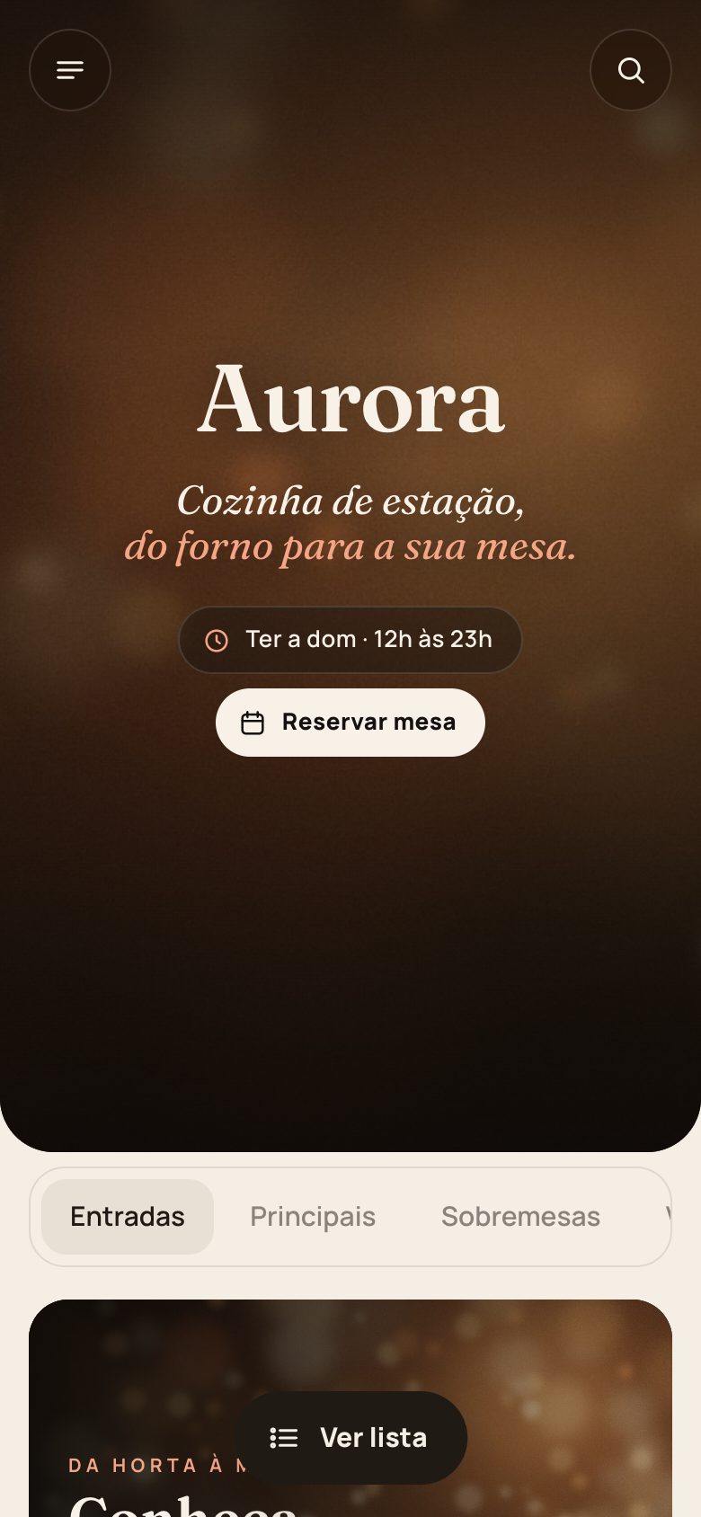 Cardápio de restaurante fictício em tema claro