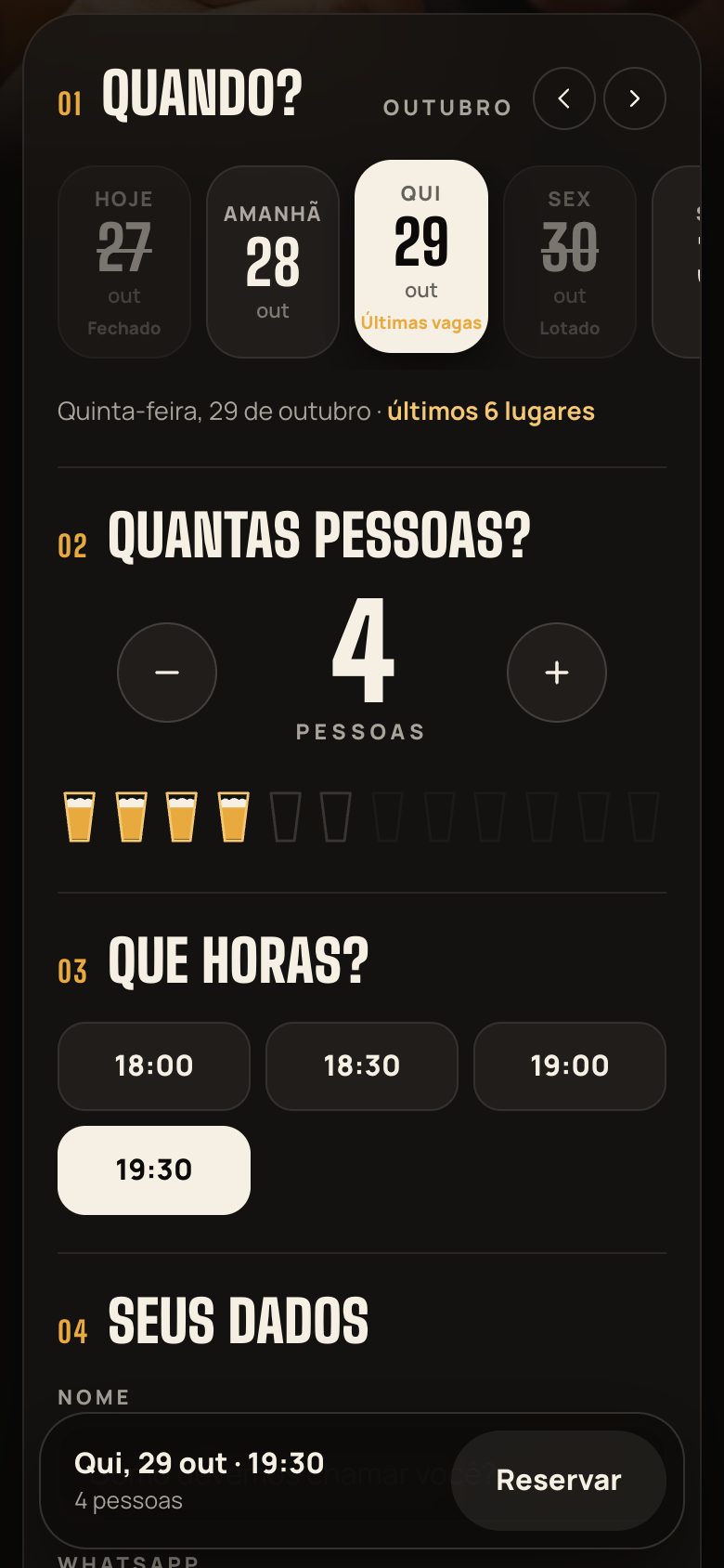 Reserva: escolha da data, do número de pessoas e do horário